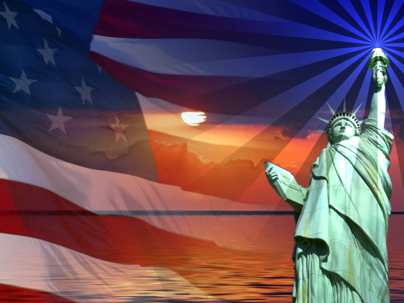Patriotic Flag Sunset Statue of Liberty Backgrounds | Flag Templates | Free PPT Grounds and ...