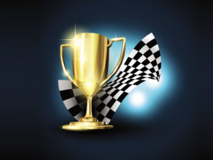 Cartoon golden trophy with checkered flag